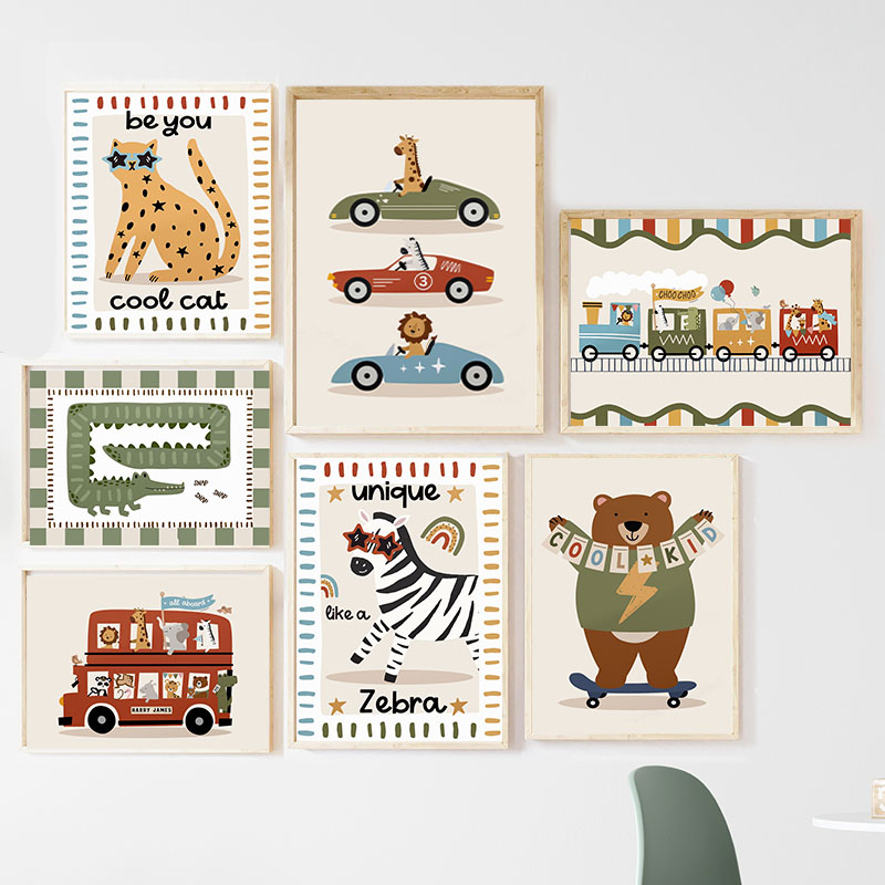 Baby Nursery Ornaments - Funny Cartoon Animals Car Bus Nursery