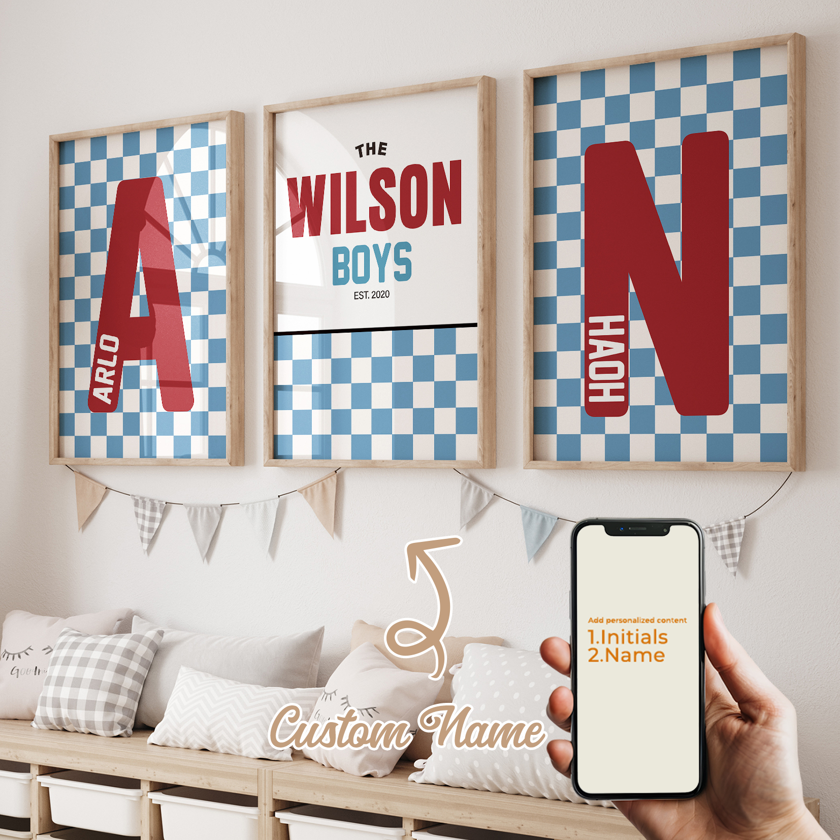 Baby Nursery Decor Boy - 3pcs Personalized Custom Name Blue Grid