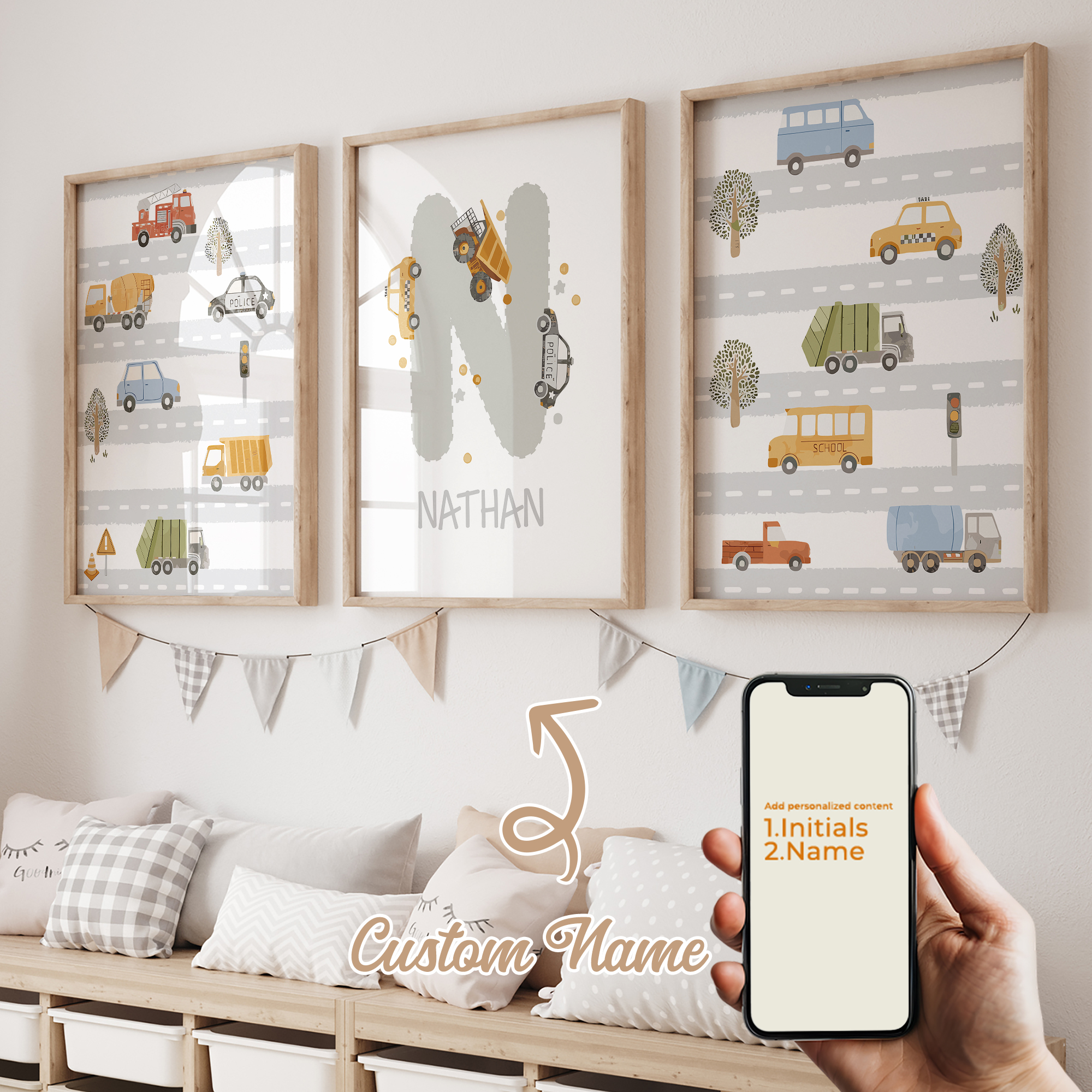Baby Nursery Decor Boy - 3pcs Personalized Custom Name Automobile road