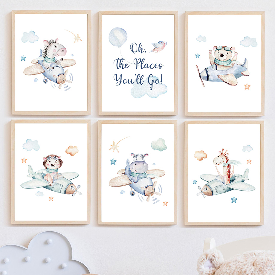 Baby Nursery Decor Boy - Zebra Giraffe Lion Bear Airplane Adventure