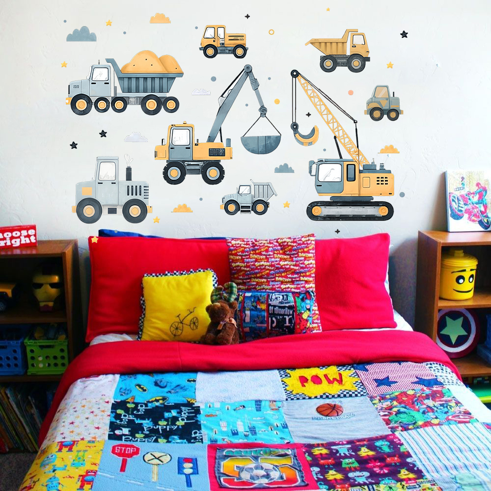 Cartoon Excavator Vehicles Set - đánh giá và giá Baby Nursery Wall Mural
