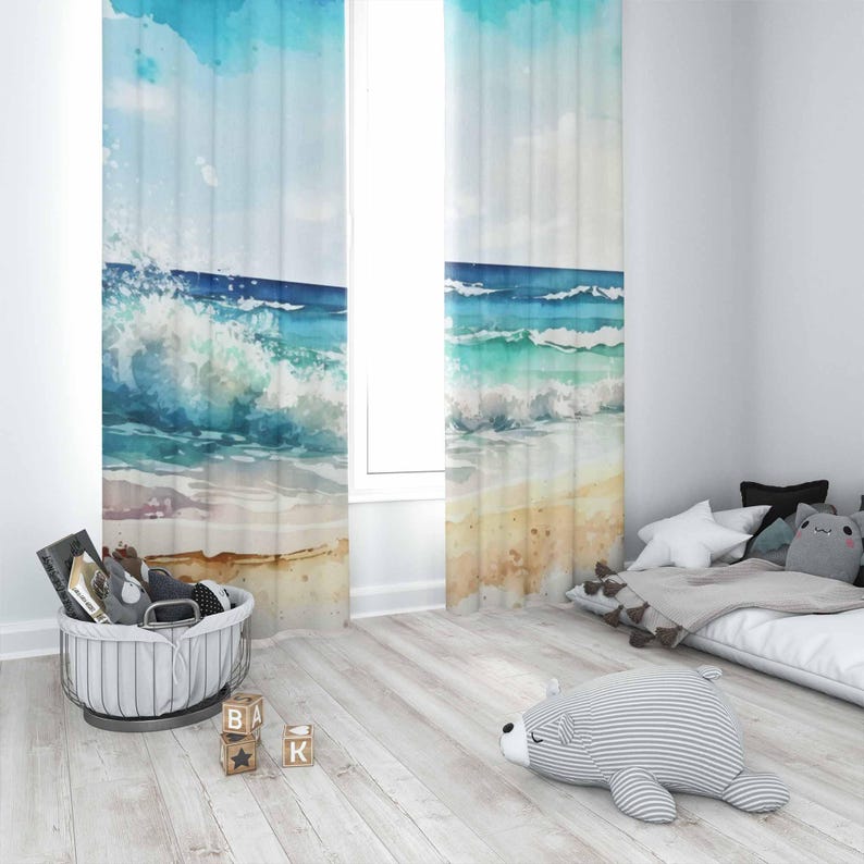 Sea Wave Curtains Ocean Nature - đánh giá và giá Baby Nursery Blackout Curtains