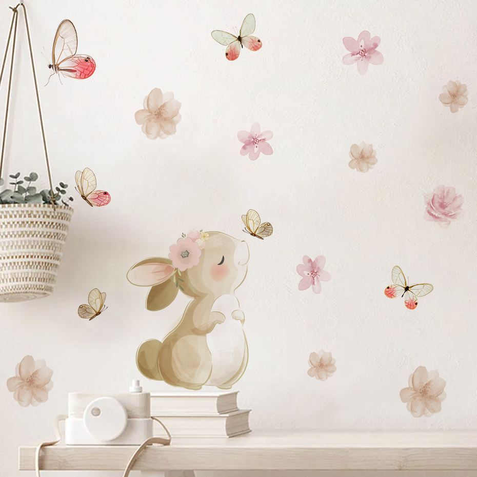 Cartoon Rabbit Flowers Butterf - đánh giá và giá Baby Nursery Wall Mural