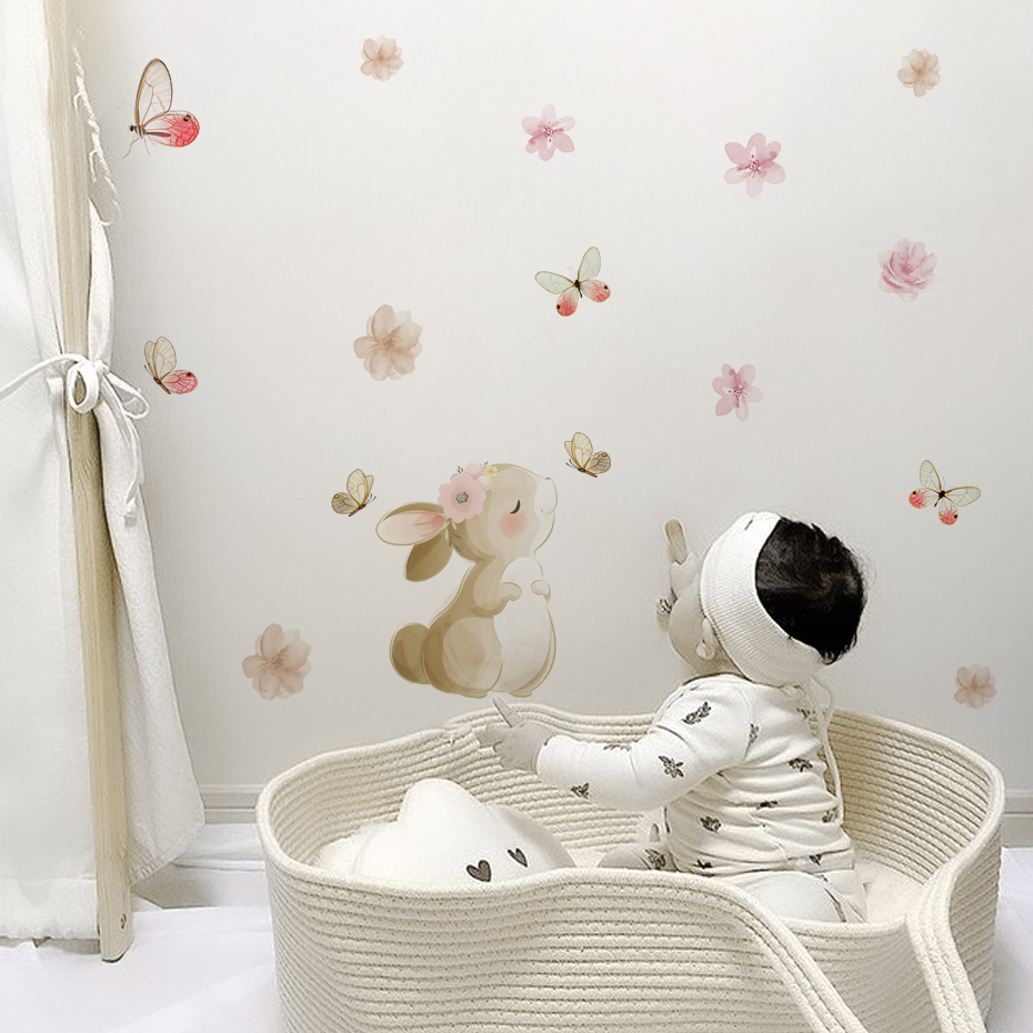 Cartoon Rabbit Flowers Butterf - đánh giá và giá Baby Nursery Wall Mural