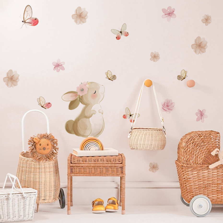 Cartoon Rabbit Flowers Butterf - đánh giá và giá Baby Nursery Wall Mural