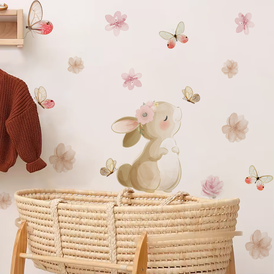 Cartoon Rabbit Flowers Butterf - đánh giá và giá Baby Nursery Wall Mural